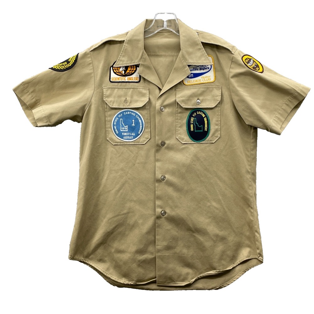 Vintage 1979 Fly Fishing Shirt Women's Brown Twill Patches Embroidered Champion